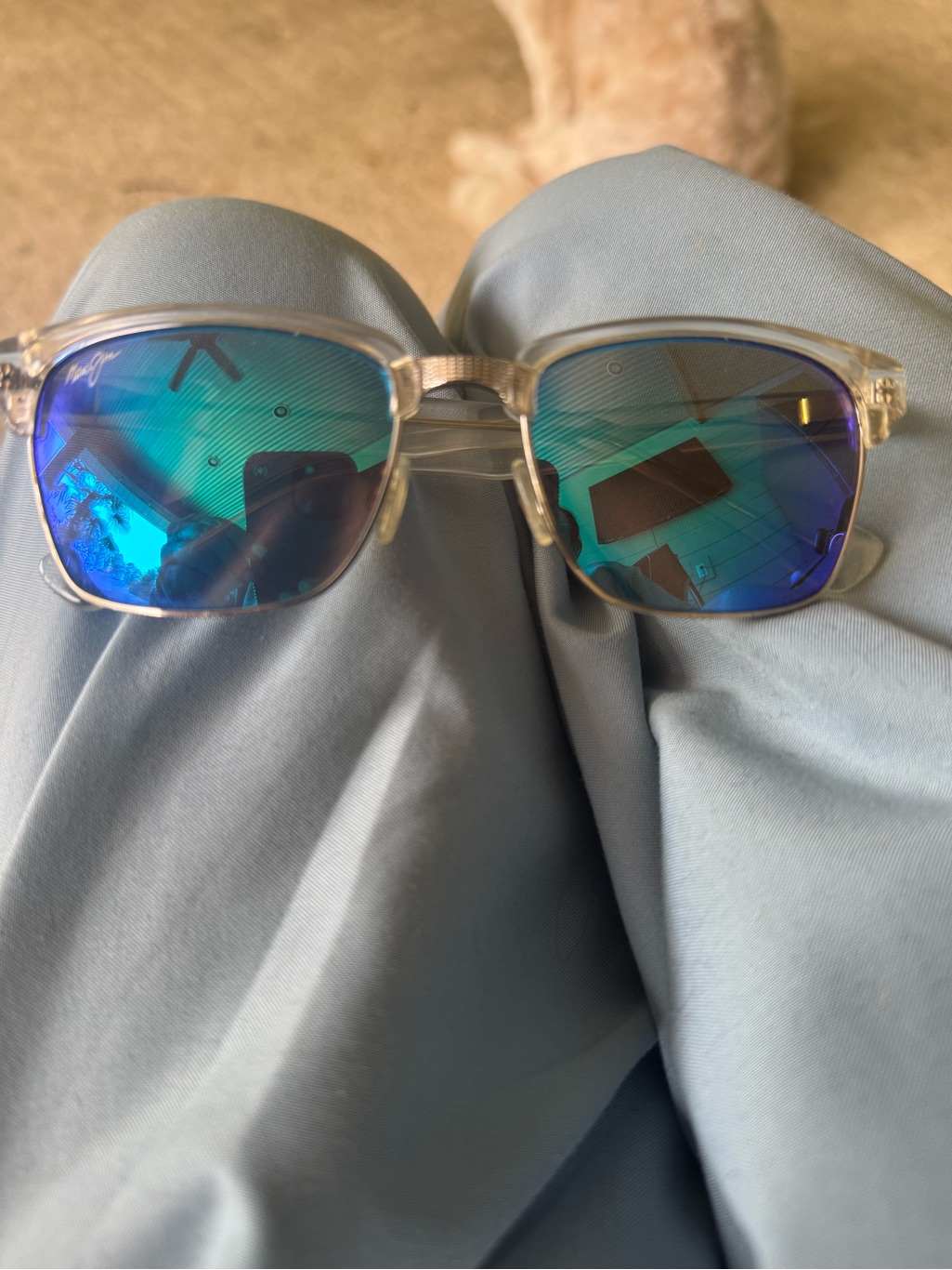 Maui Jim Clear Frame Sunglasses With Blue-Green Mirrored Lenses